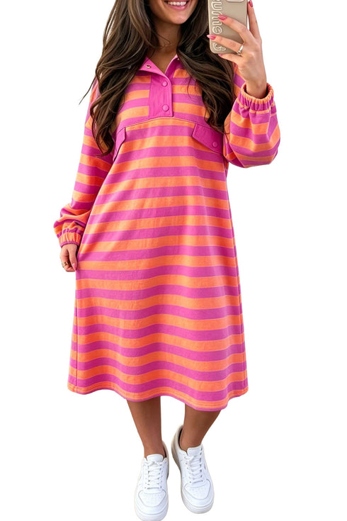 Striped Long Sleeve Polo Neck Midi Dress