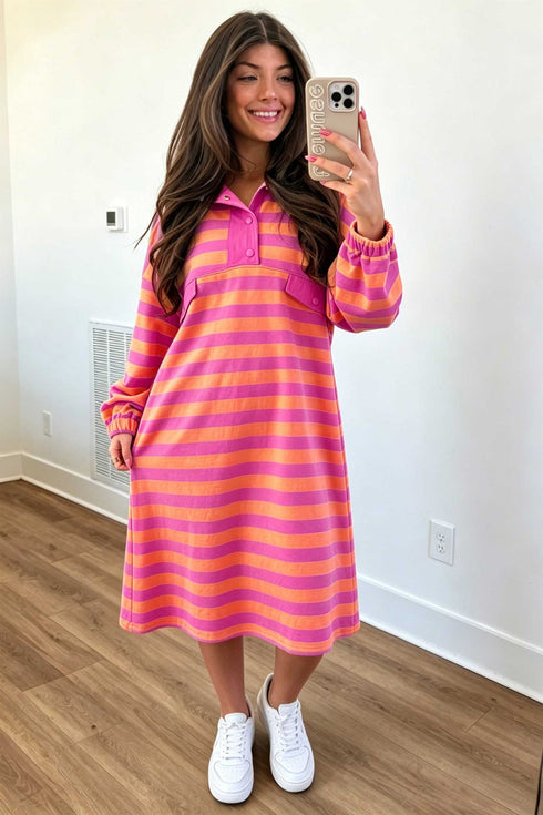 Striped Long Sleeve Polo Neck Midi Dress
