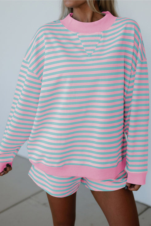 Striped Long Sleeve Pullover Elastic Waist Two Piece Short Set