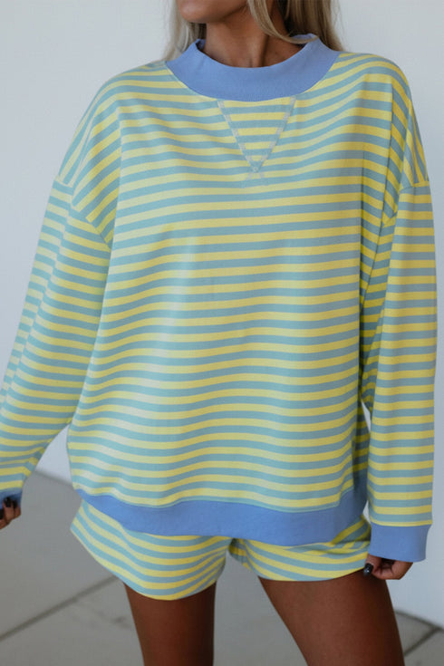 Striped Long Sleeve Pullover Elastic Waist Two Piece Short Set