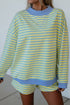 Striped Long Sleeve Pullover Elastic Waist Two Piece Short Set