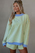 Striped Long Sleeve Pullover Elastic Waist Two Piece Short Set