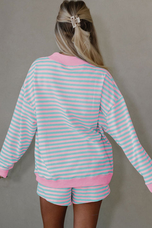 Striped Long Sleeve Pullover Elastic Waist Two Piece Short Set