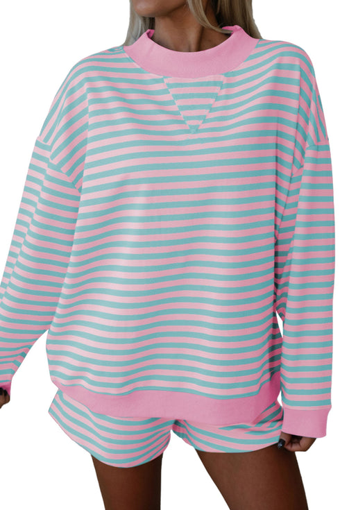 Striped Long Sleeve Pullover Elastic Waist Two Piece Short Set