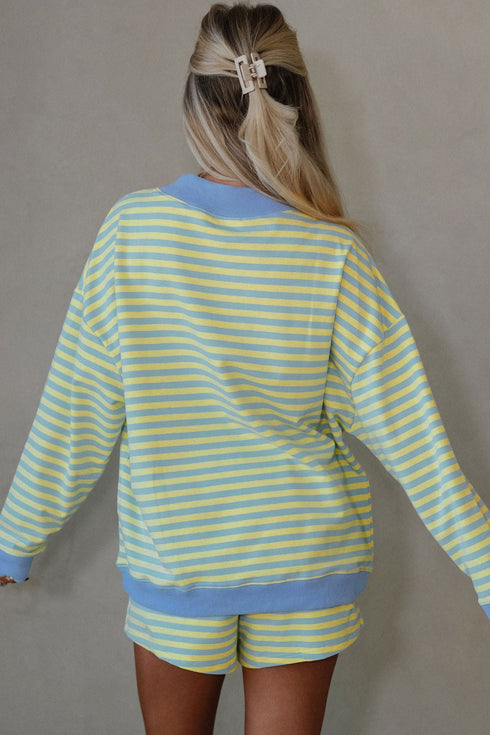 Striped Long Sleeve Pullover Elastic Waist Two Piece Short Set