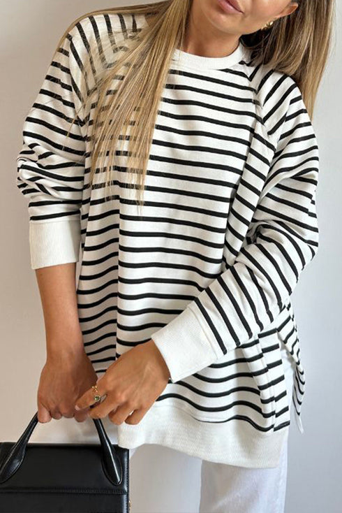 Striped Long Sleeve Raglan Split Hem Pullover Sweatshirt