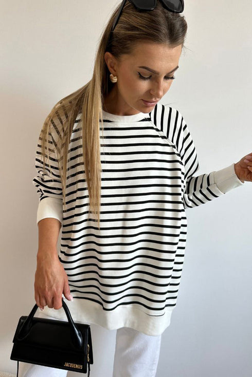 Striped Long Sleeve Raglan Split Hem Pullover Sweatshirt