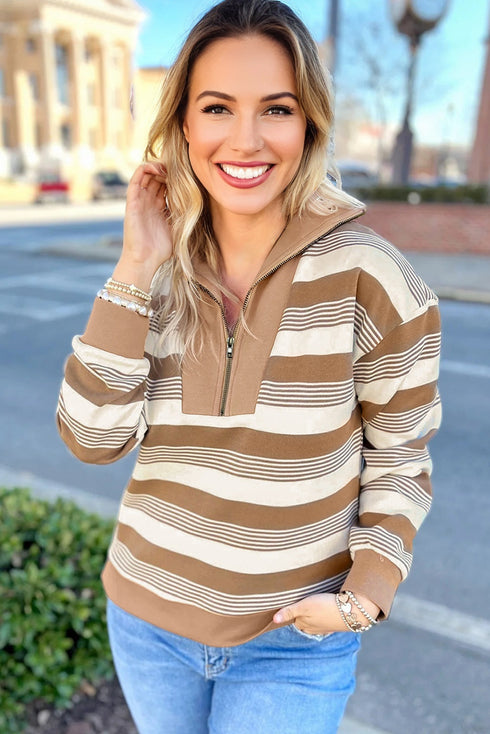 Striped Long Sleeve Relaxed Quarter Zip Pullover
