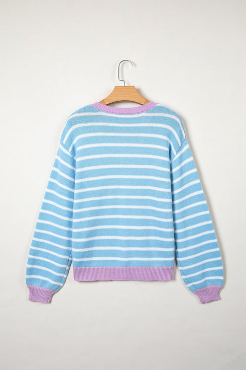 Striped Long Sleeve Round Neck Open Front Cardigan