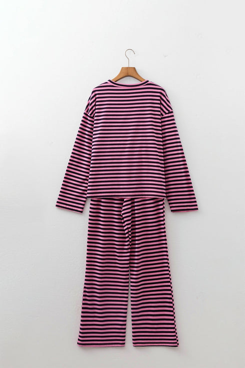 Striped Long Sleeve Top Drawstring Cotton Blend Pants Set