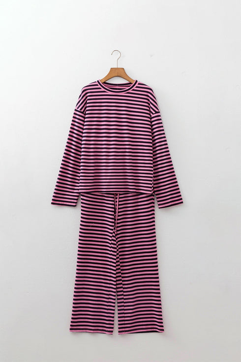 Striped Long Sleeve Top Drawstring Cotton Blend Pants Set