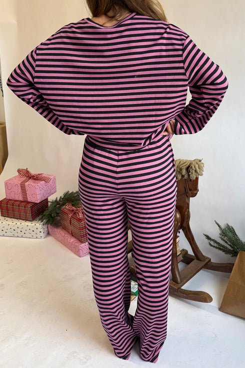 Striped Long Sleeve Top Drawstring Cotton Blend Pants Set
