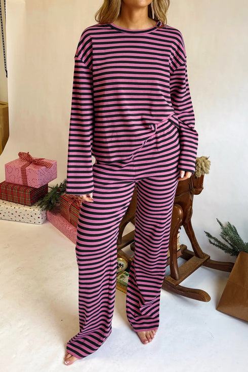 Striped Long Sleeve Top Drawstring Cotton Blend Pants Set