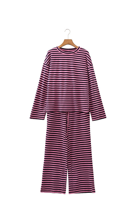 Striped Long Sleeve Top Drawstring Cotton Blend Pants Set