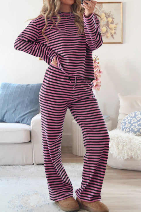 Striped Long Sleeve Top Drawstring Cotton Blend Pants Set