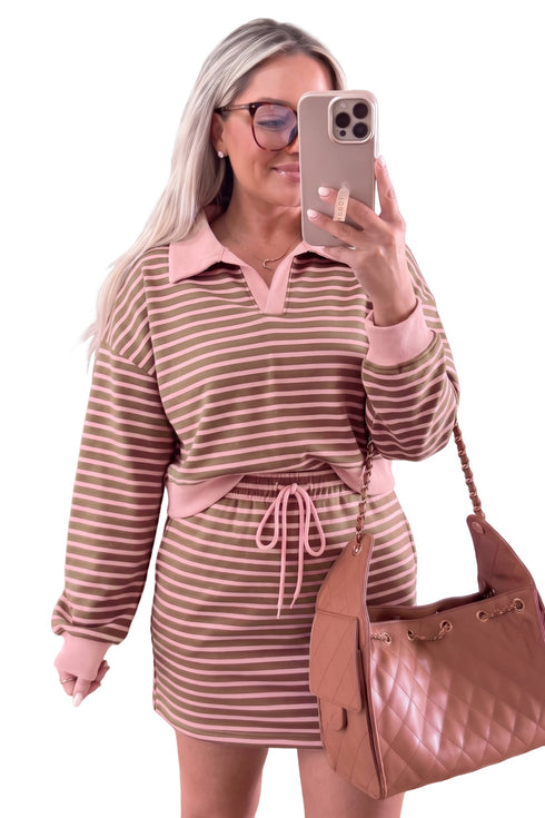 Striped Long Sleeve Top Drawstring Waist Mini Skort Set