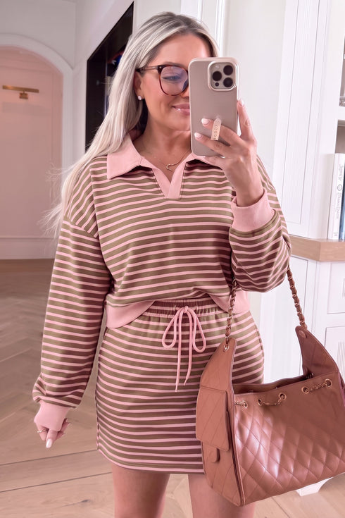 Striped Long Sleeve Top Drawstring Waist Mini Skort Set