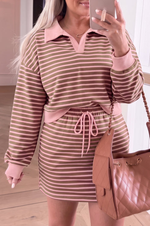 Striped Long Sleeve Top Drawstring Waist Mini Skort Set