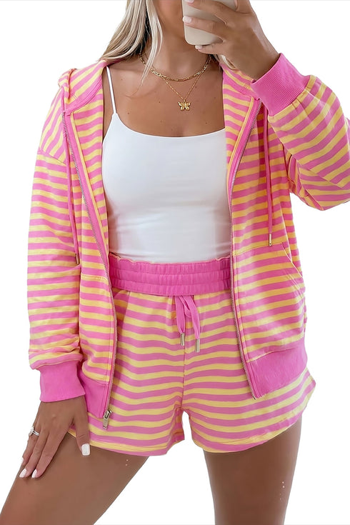 Striped Long Sleeve Zip Up Hoodie Drawstring Shorts Set