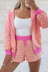 Striped Long Sleeve Zip Up Hoodie Drawstring Shorts Set
