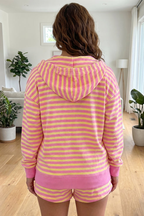 Striped Long Sleeve Zip Up Hoodie Drawstring Shorts Set
