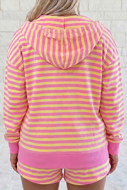 Striped Long Sleeve Zip Up Hoodie Drawstring Shorts Set