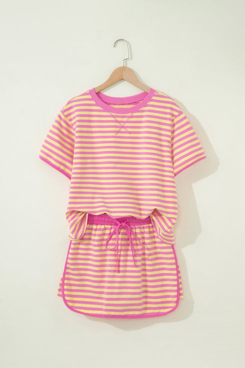 Striped Loose Fit Short Sleeve Two Piece Skirt Set