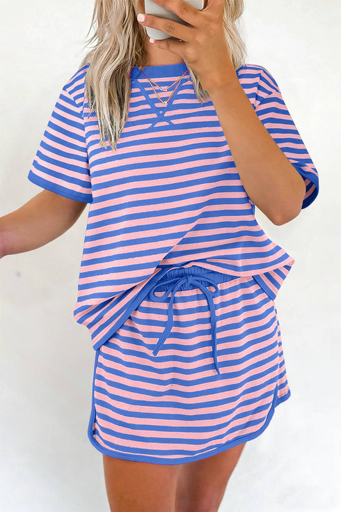 Striped Loose Fit Short Sleeve Two Piece Skirt Set