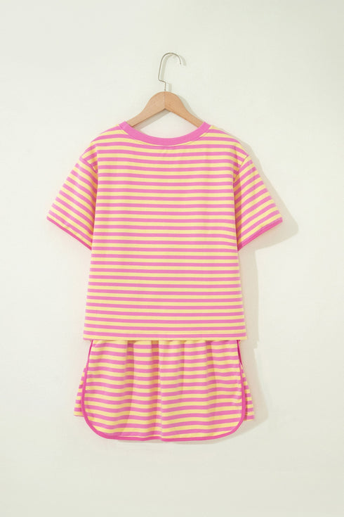 Striped Loose Fit Short Sleeve Two Piece Skirt Set