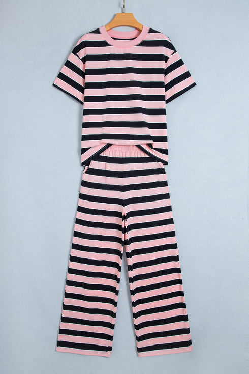 Striped Loose Tee And Relaxed Two Piece Pant Set