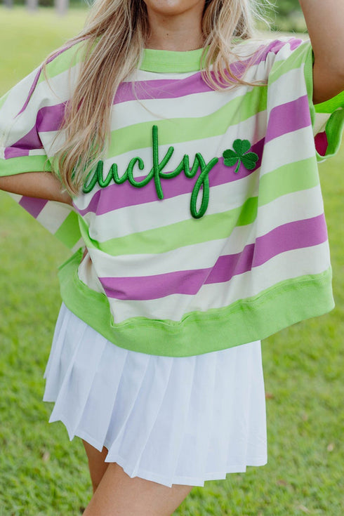 Striped Lucky Clover Graphic Embroidered Dolman Sleeve Tee
