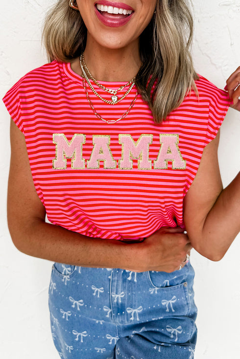 Striped Mama Letter Graphic Relaxed Fit Cap Sleeve Tee