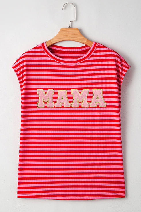 Striped Mama Letter Graphic Relaxed Fit Cap Sleeve Tee