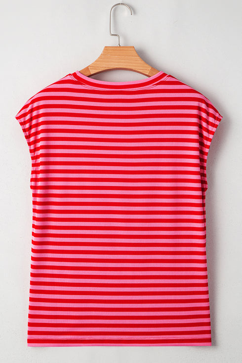 Striped Mama Letter Graphic Relaxed Fit Cap Sleeve Tee