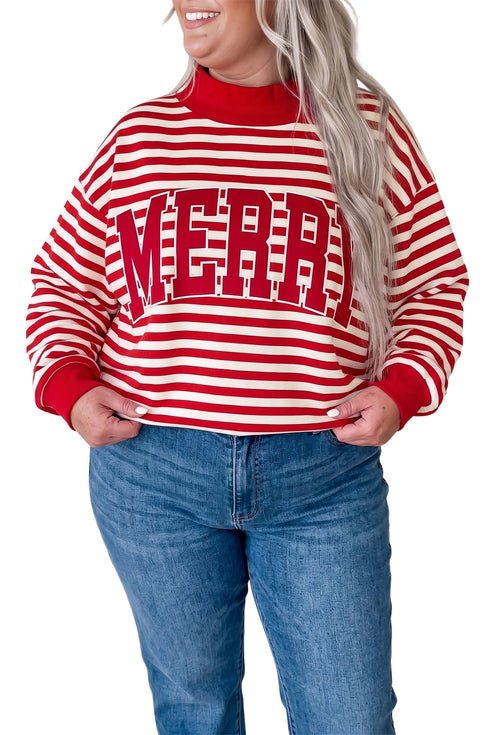 Striped Merry Festive Letter Embroidered Patched Cotton Pullover Sweatshirt