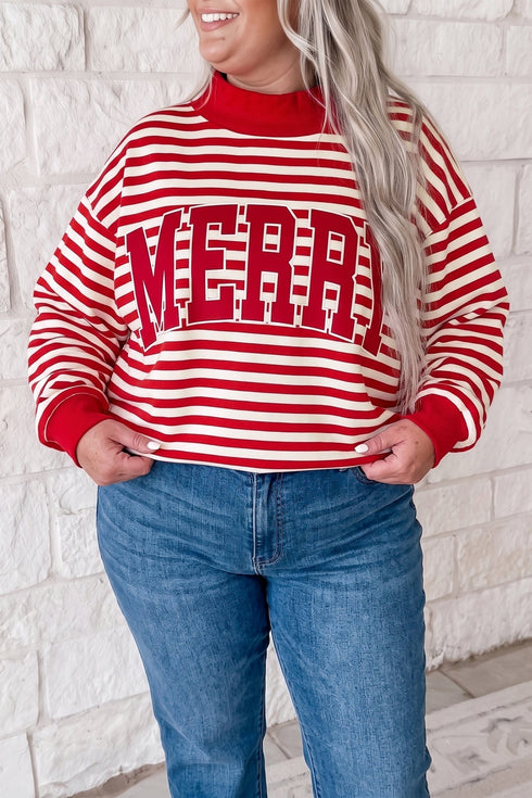 Striped Merry Festive Letter Embroidered Patched Cotton Pullover Sweatshirt