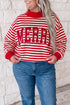 Striped Merry Festive Letter Embroidered Patched Cotton Pullover Sweatshirt