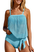 Striped Mesh Knotted Hem Tankini Swimsuit