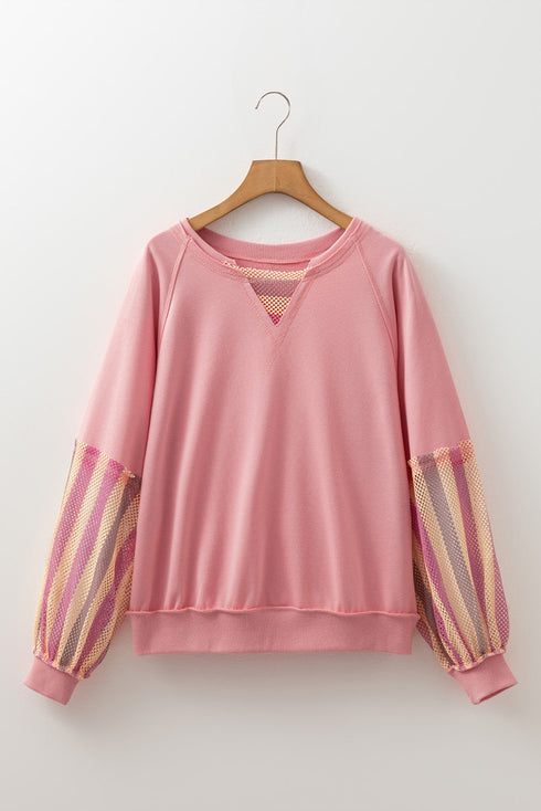 Striped Mesh Sleeve Patchwork Exposed Seam Pullover Top