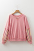 Striped Mesh Sleeve Patchwork Exposed Seam Pullover Top