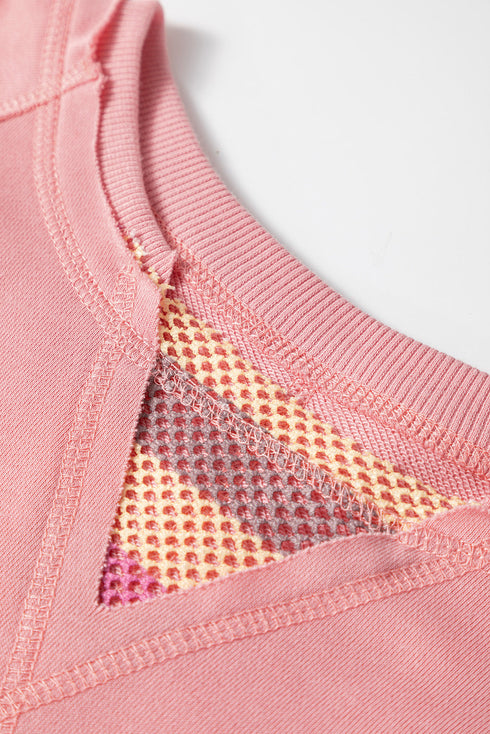Striped Mesh Sleeve Patchwork Exposed Seam Pullover Top