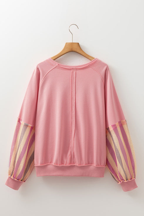 Striped Mesh Sleeve Patchwork Exposed Seam Pullover Top