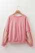 Striped Mesh Sleeve Patchwork Exposed Seam Pullover Top