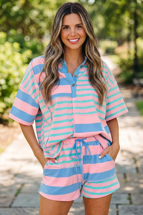 Striped Mixed Patchwork Exposed Seam Loose Short Set
