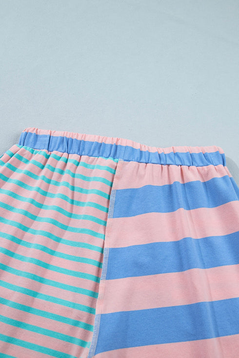 Striped Mixed Patchwork Exposed Seam Loose Short Set