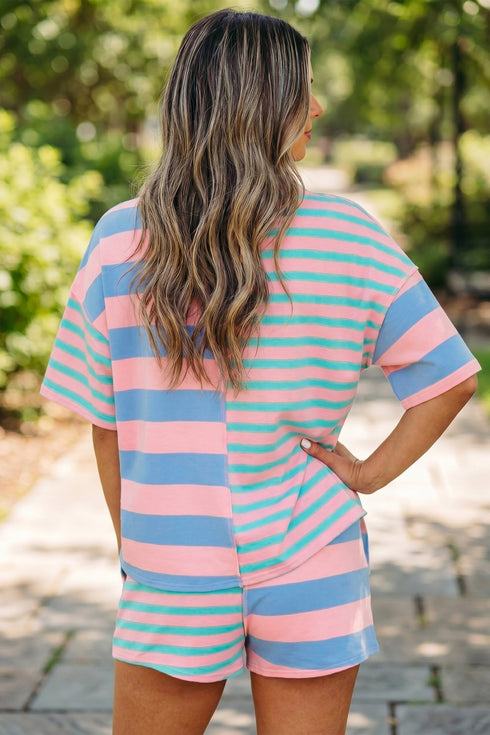 Striped Mixed Patchwork Exposed Seam Loose Short Set