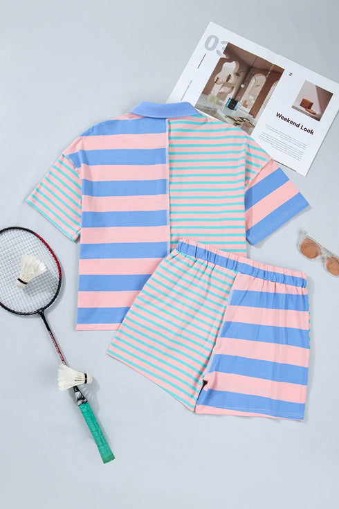 Striped Mixed Patchwork Exposed Seam Loose Short Set