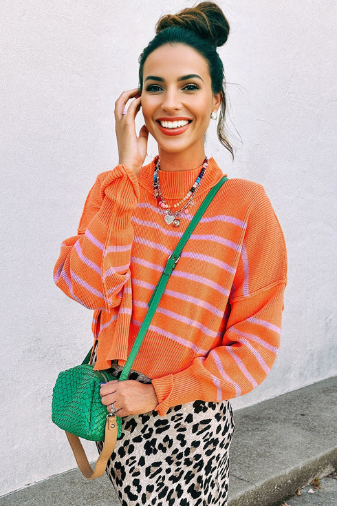 Striped Mock Neck Drop Shoulder Sweater