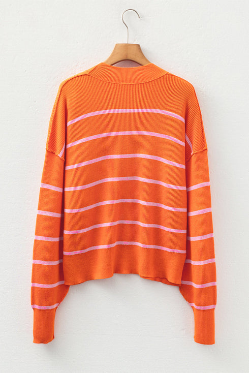 Striped Mock Neck Drop Shoulder Sweater