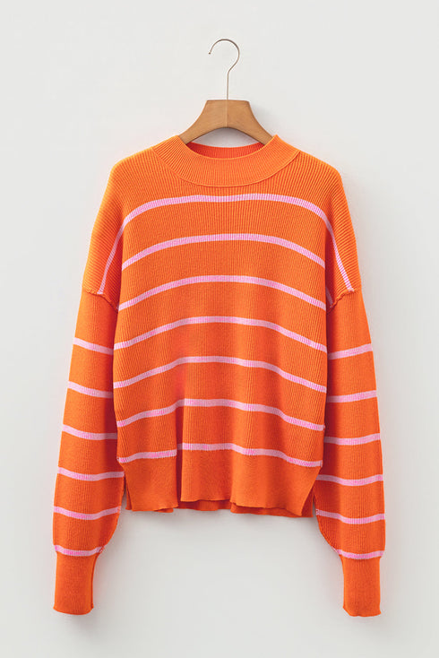 Striped Mock Neck Drop Shoulder Sweater